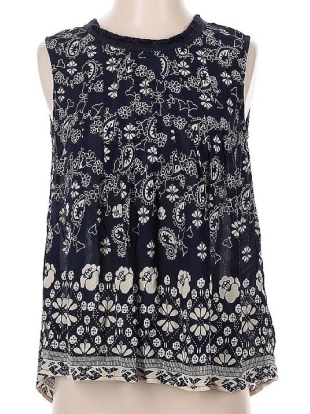 Sea New York Navy Blue White Cream Floral Keyhole Button Back Tank Top Size 4